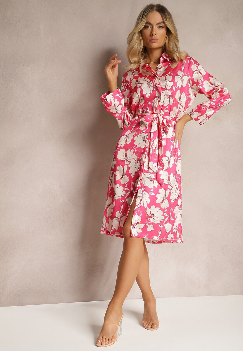 Fuksjowa Sukienka o Koszulowym Kroju Przewiązywana w Pasie Latrice