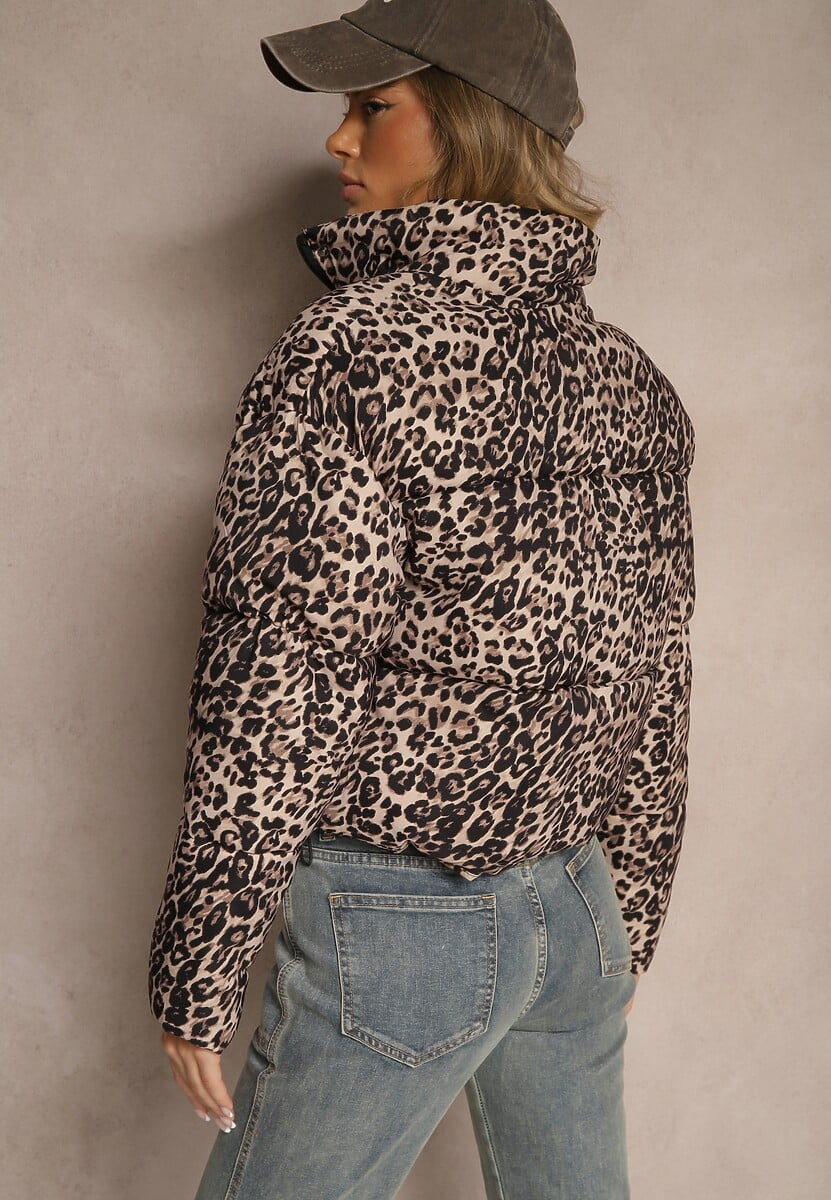 Brązowa Panterkowa Kurtka Pikowana o Krótkim Kroju ze Ściągaczami Ivilda