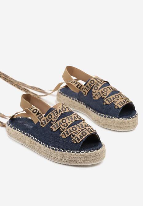 Granatowe Sandały na Plecionej Podeszwie z Dekoracyjnymi Sznurówkami Palindra