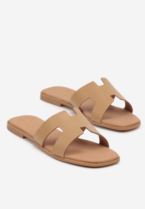 Beżowe Klapki Vices ze Skóry Naturalnej Ozdobione Wycięciami Arqelia