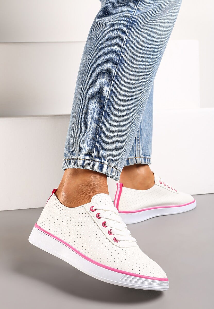 Beżowo-Fuksjowe Sznurowane Tenisówki z Ozdobną Taśmą na Tyle i Perforacją Kavinna