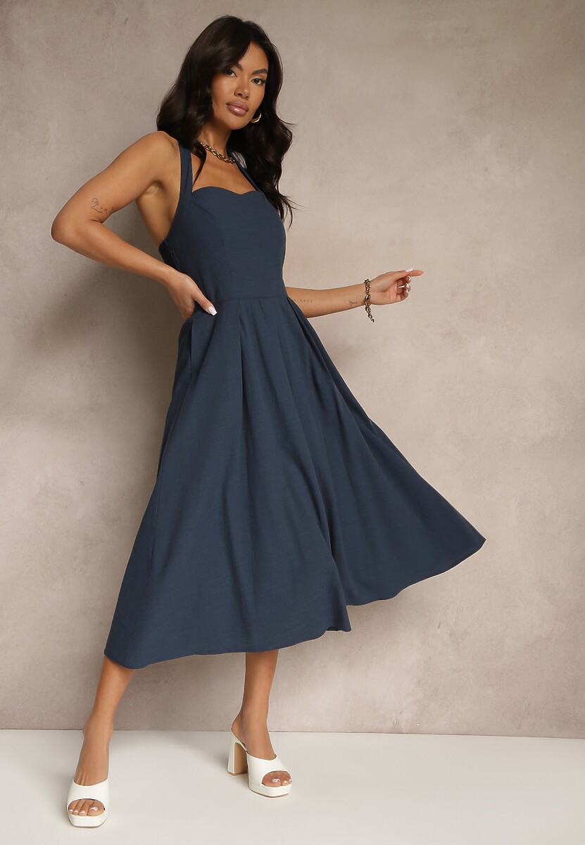 Granatowa Rozkloszowana Sukienka z Bawełną i Wiskozą na Szyję Kinulia