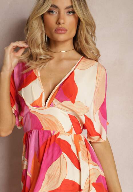 Różowo-Beżowa Rozkloszowana Sukienka z Krótkimi Rękawami Typu Nietoperz Leraphi