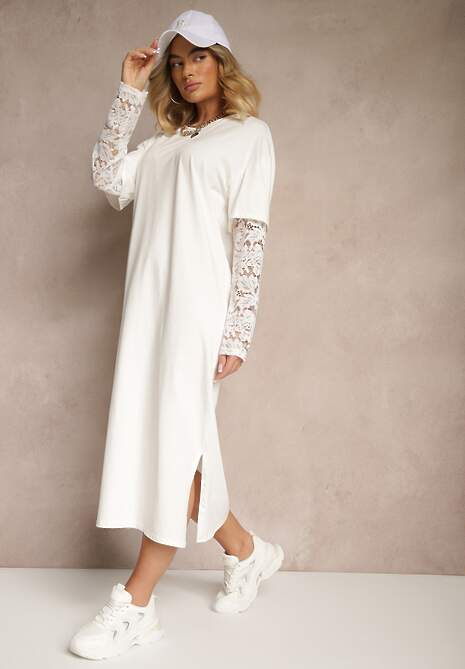 Jasnobeżowa Sukienka z Bawełny o Kroju Typu T-shirt z Koronką i Rozcięciami Tanisla