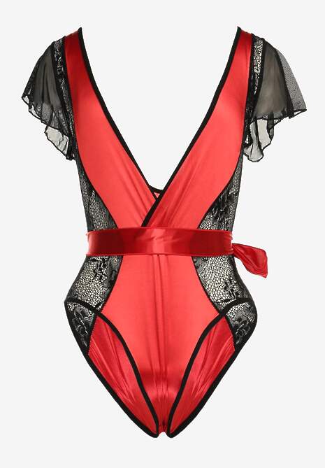 Czerwone Satynowe Body z Koronką i Paskiem w Talii Lierie