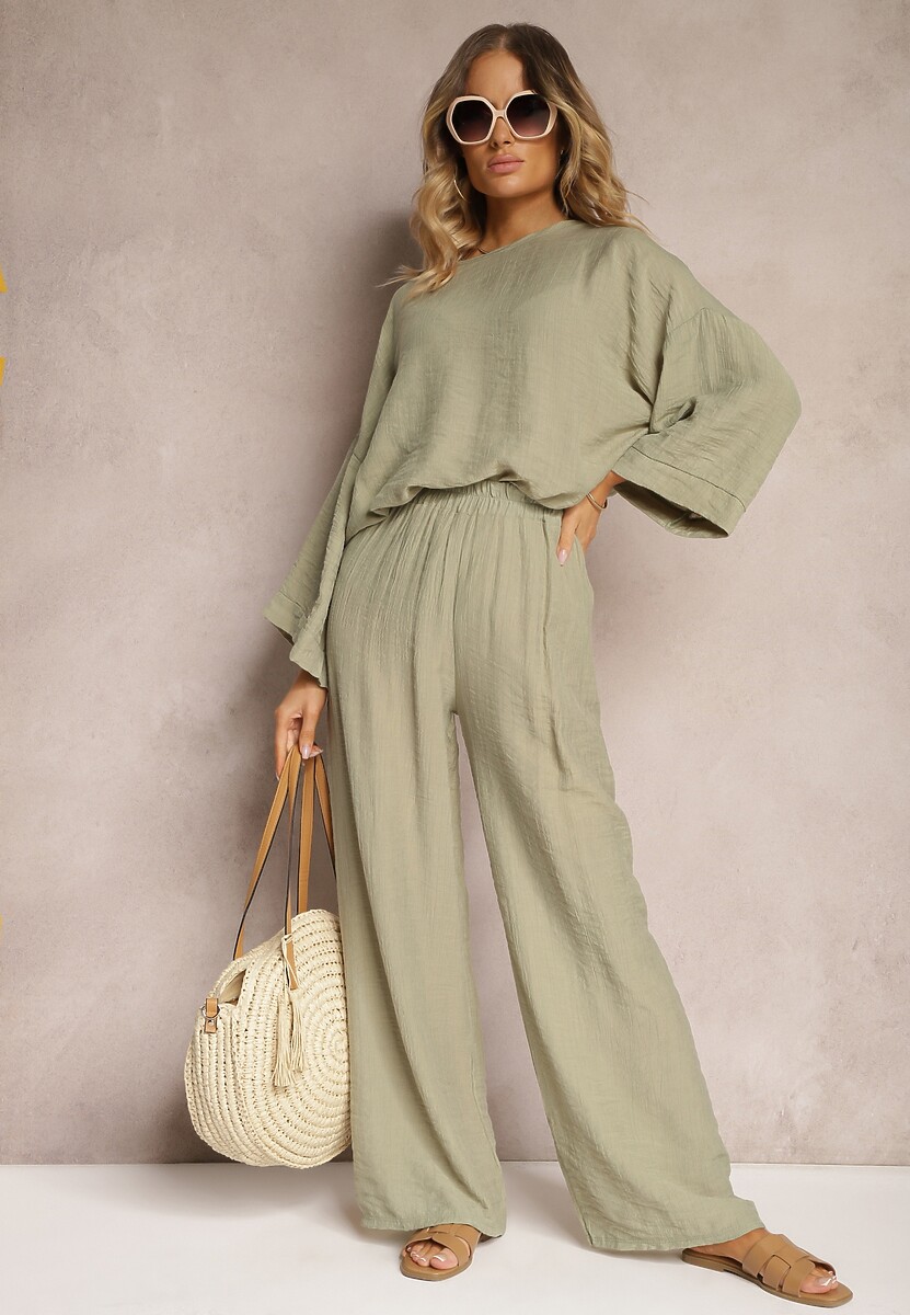 Ciemnozielony Komplet z Wiskozy Bluzka o Kroju Nietoperza i Szerokie Spodnie Qadrina