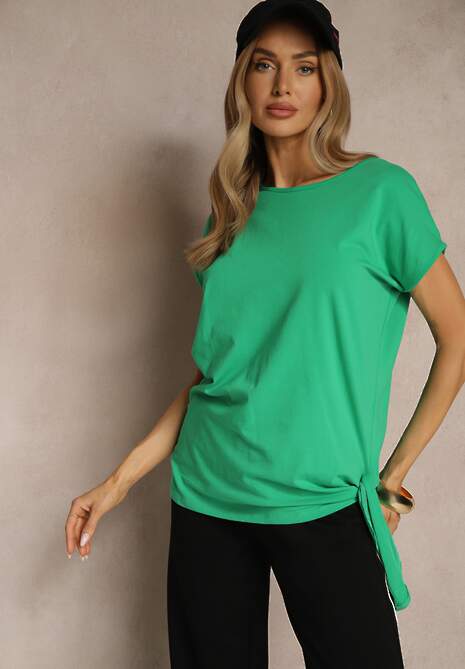 Zielony T-shirt z Bawełny z Ozdobnym Wiązaniem Termio