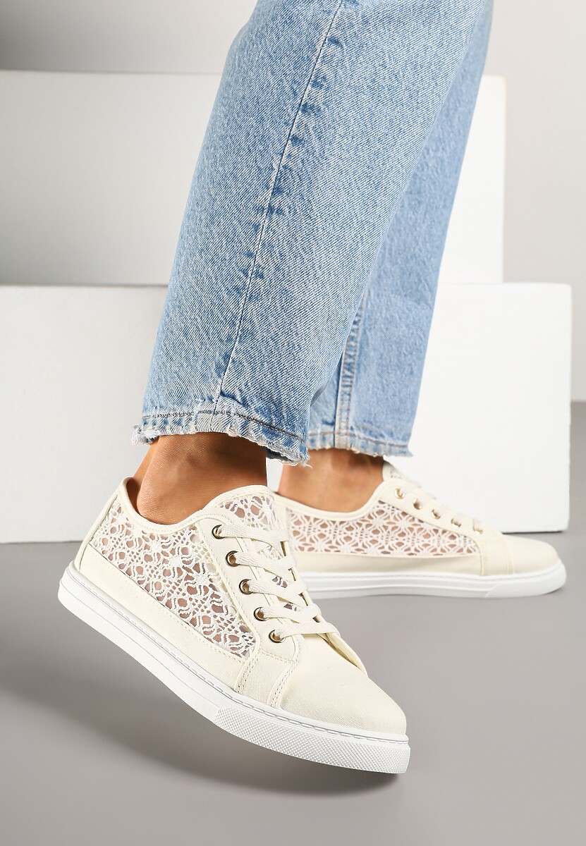 Beżowe Trampki Tenisówki Ozdobione Ażurową Cholewką Xalimi