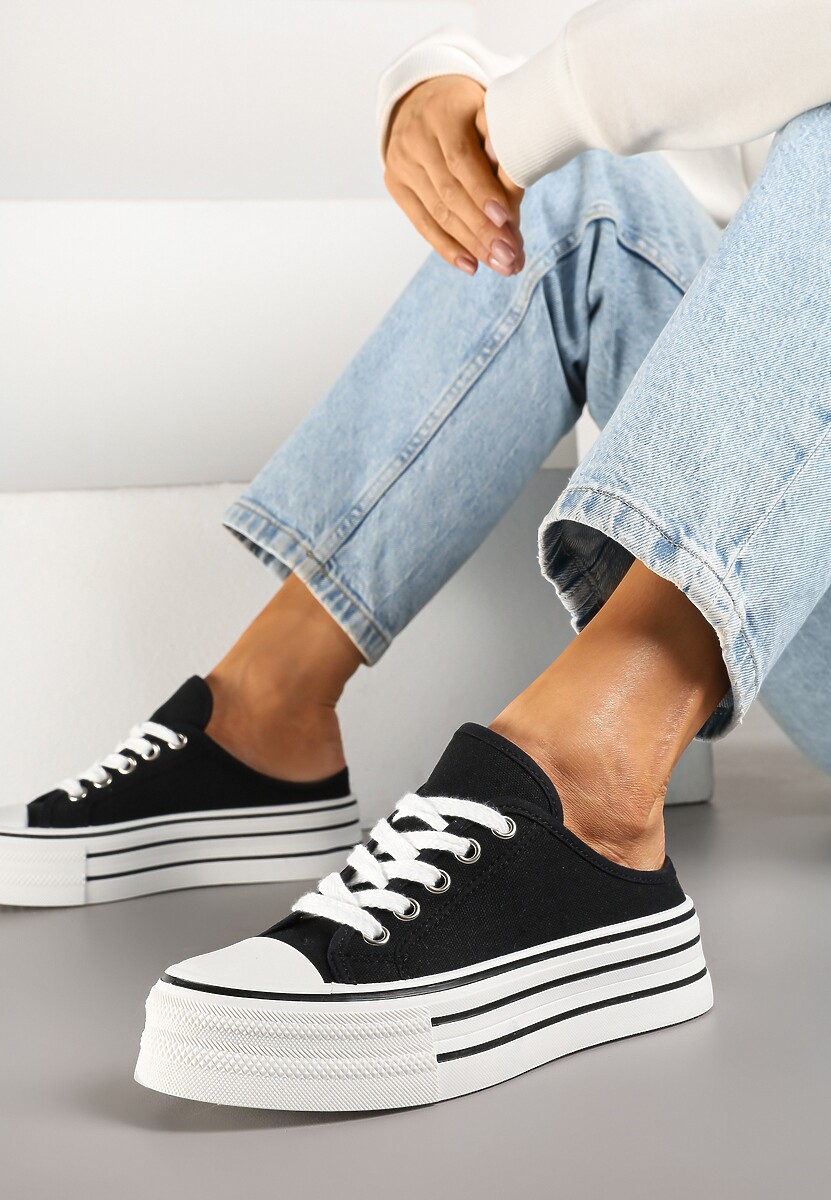 Czarne Trampki z Niską Cholewką na Podwójnej Podeszwie Lenisna