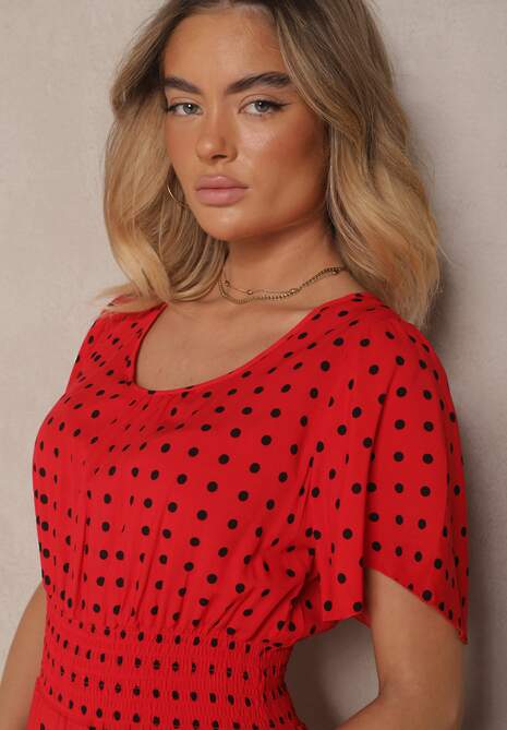 Czerwona Bawełniana Sukienka o Rozkloszowanym Fasonie w Kropki Tolimirae