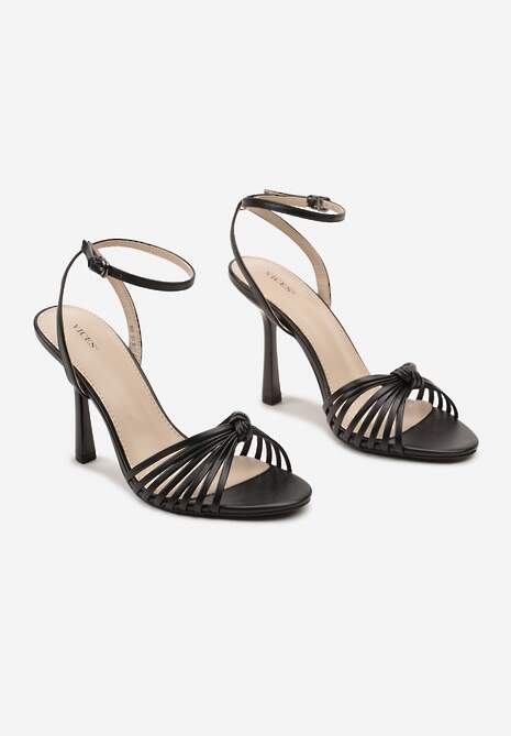 Czarne Sandały na Szpilce z Cienkimi Paseczkami z Supełkiem Wloedia