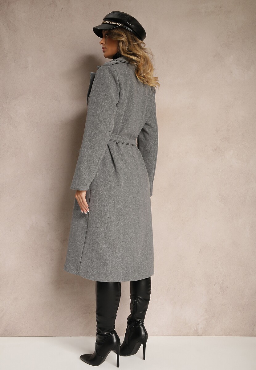 Ciemnoszary Taliowany Płaszcz z Wiązanym Paskiem Seraphique