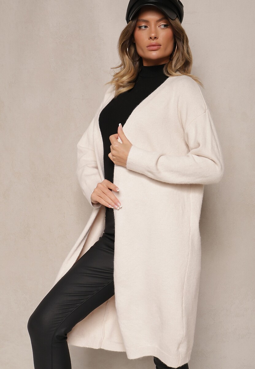 Jasnobeżowy Niezapinany Casualowy Kardigan z Wełną o Długim Kroju Zozita