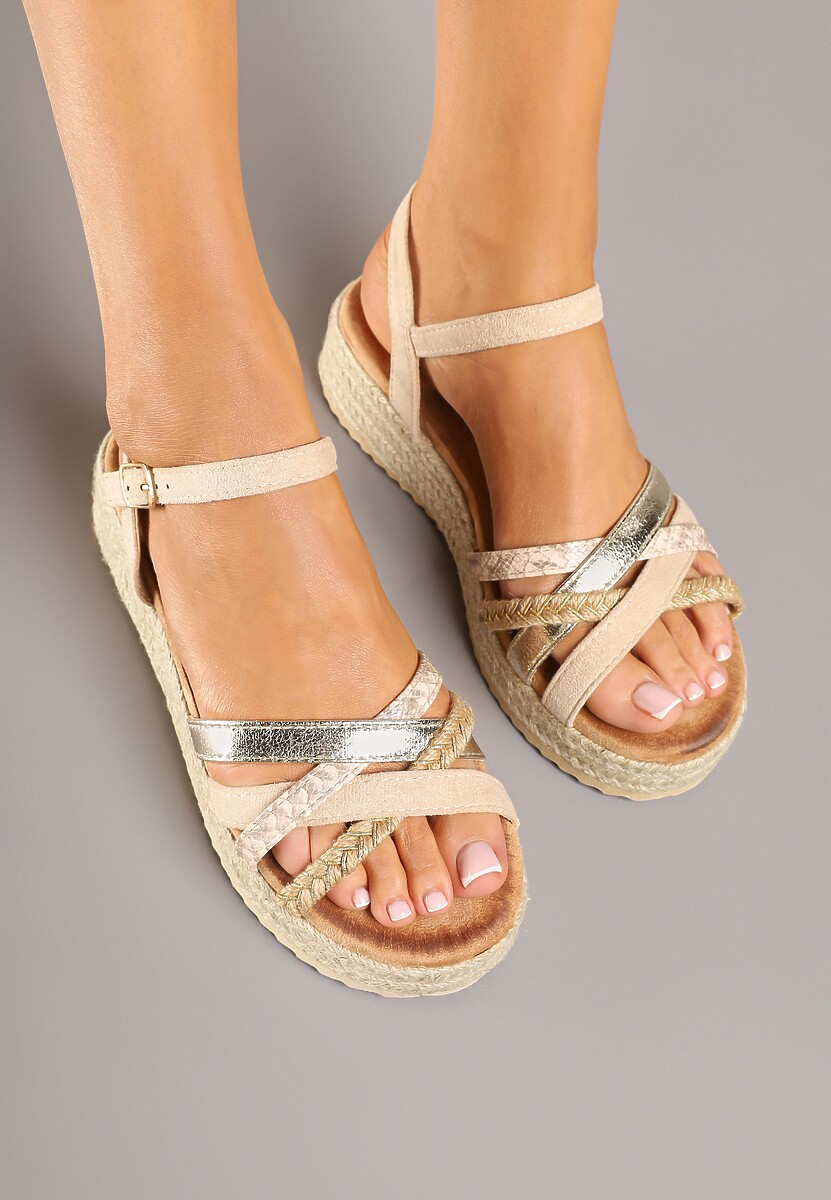 Beżowe Sandały na Plecionej Podeszwie ze Splecionymi Paskami Emvania
