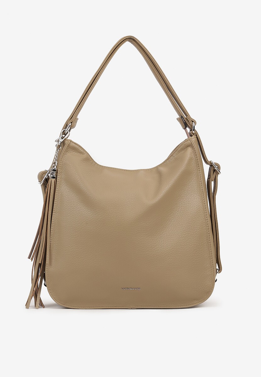 Ciemnobeżowa Torebka na Ramię z Frędzlami i Suwakami Rivkio