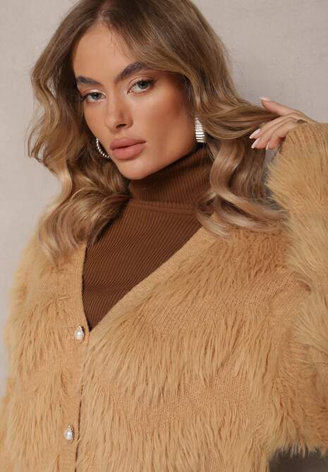 Ciemnobeżowy Zapinany Kardigan na Guziki z Puchatego Materiału Ralioppe