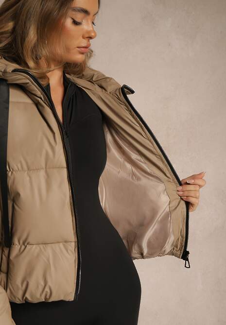 Ciemnobeżowa Kurtka Puffer z Pikowanymi Przeszyciami i Kapturem Renaria