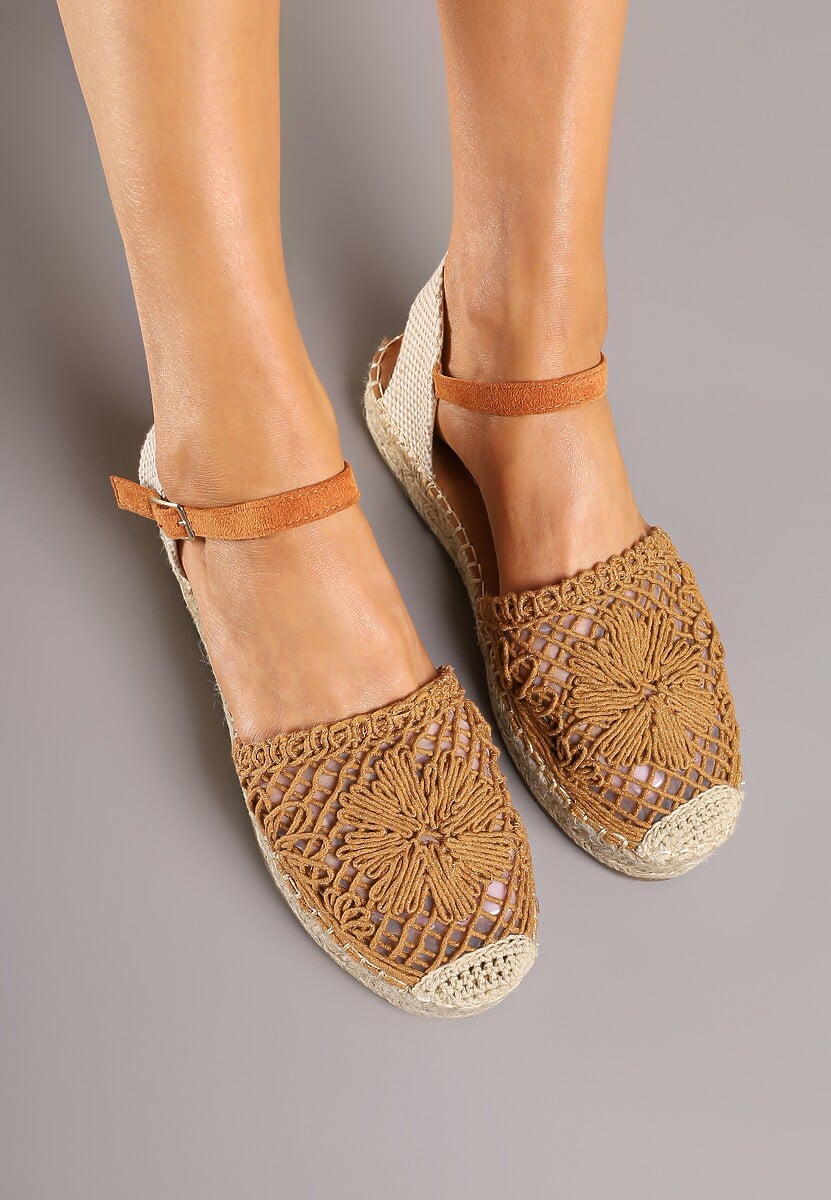 Brązowe Ażurowe Sandały Espadryle Ozdobione Plecionką Ralarelle