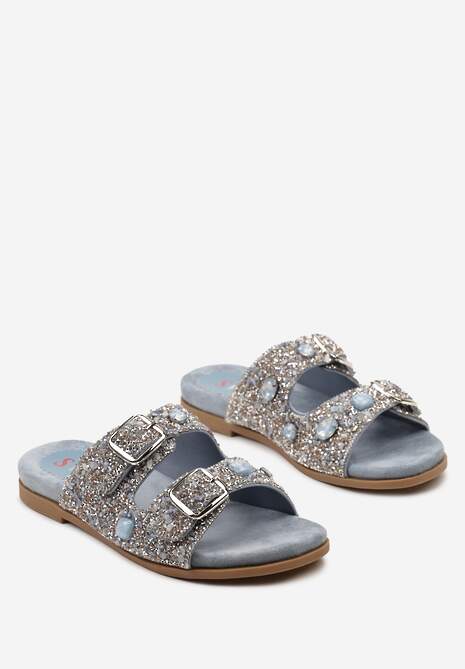 Niebieskie Klapki ze Sprzączkami Ozdobione Cyrkoniami i Kryształkami Elisnella