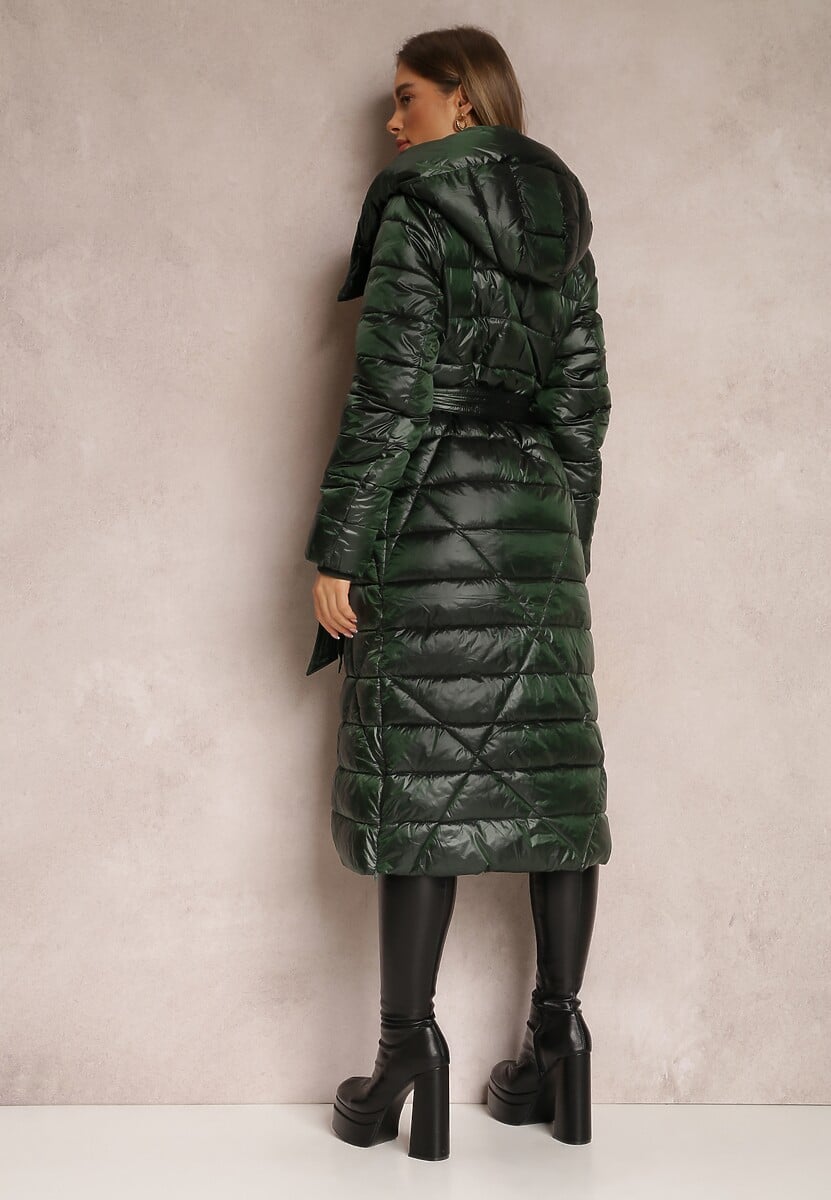 Ciemnozielona Kurtka za Kolano z Wiązanym Paskiem i Kapturem Feome