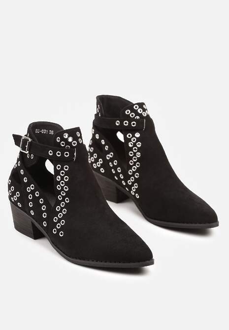 Czarne Botki Kowbojki na Słupku Ozdobione Nitami i Wycięciem Eleawena