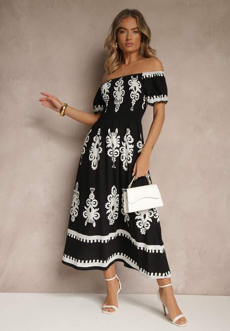 Czarna Sukienka Hiszpanka Ozdobiona Etnicznym Printem Aralette