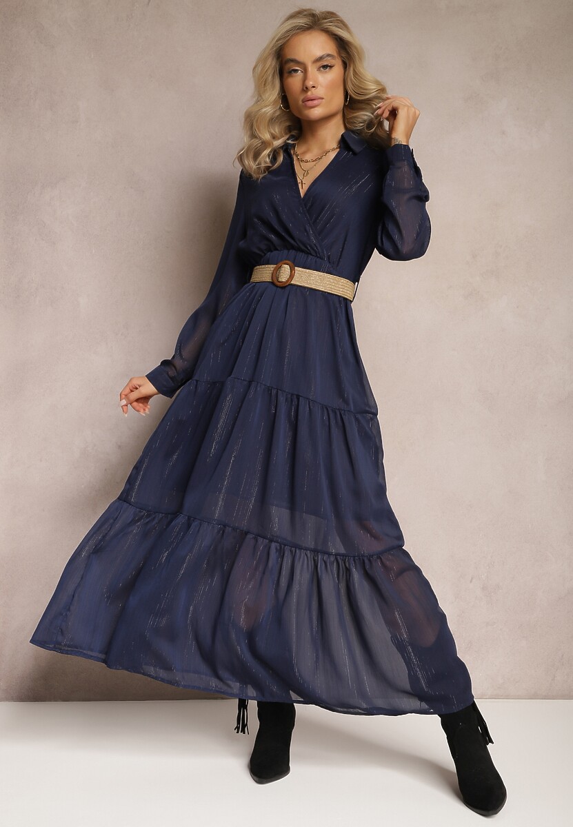 Ciemnozielona Sukienka z Kopertowym Dekoltem i Plecionym Paskiem Velo