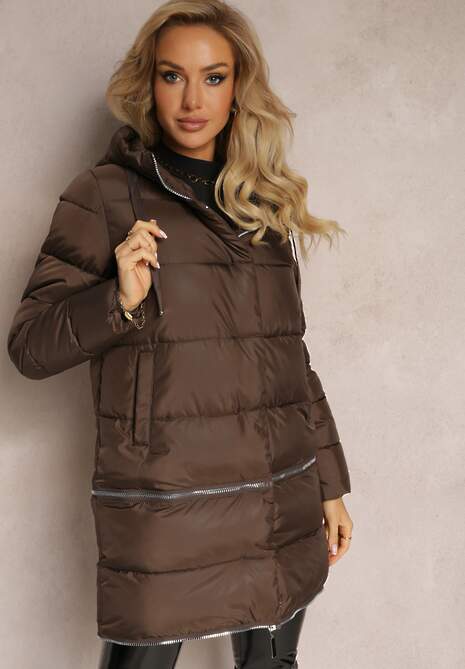 Brązowa Pikowana Kurtka Płaszcz z Kapturem i Regulowaną Długością Tirilele