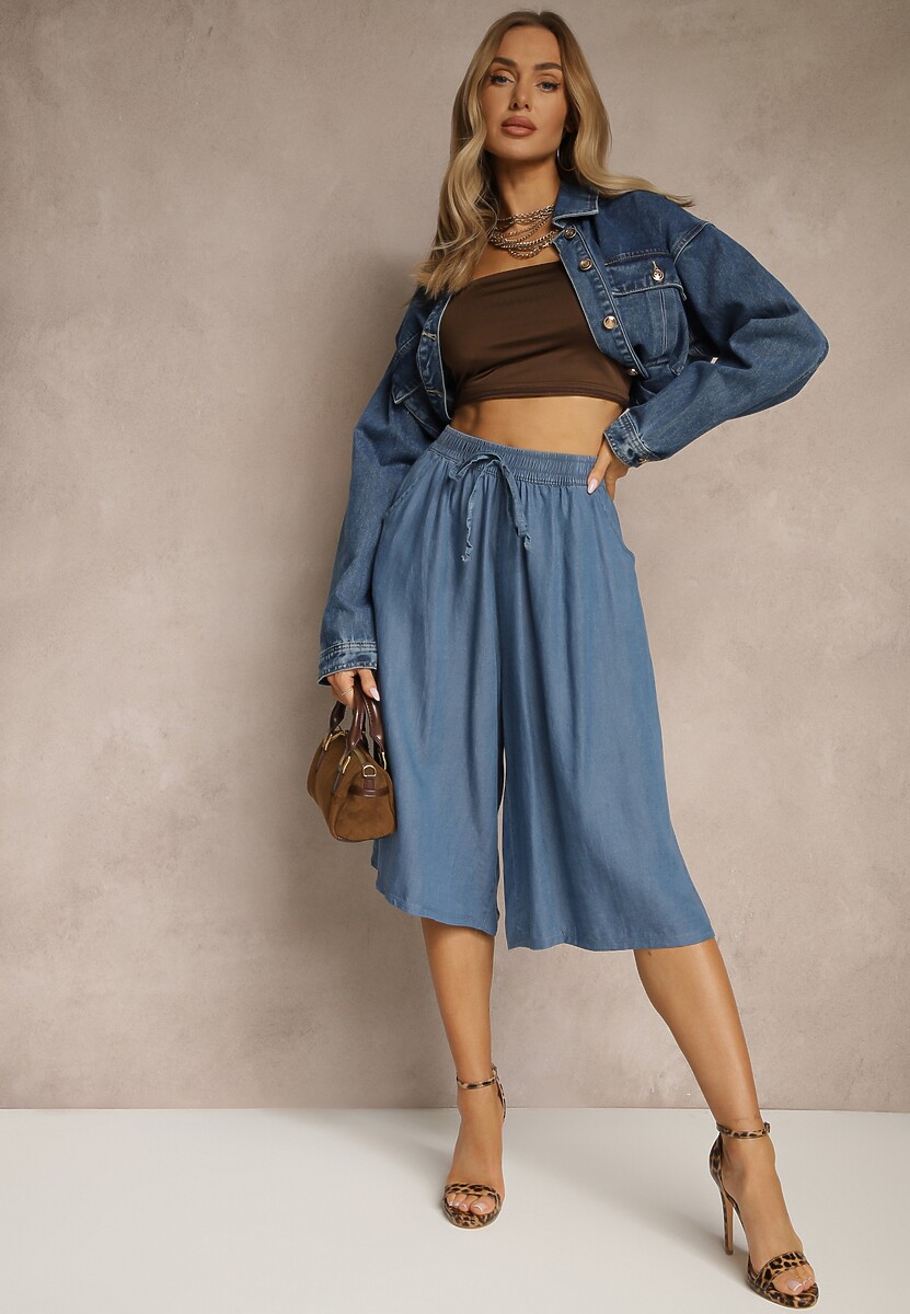 Granatowe Szerokie Szorty Bermudy z Ozdobnym Wiązaniem Terpio