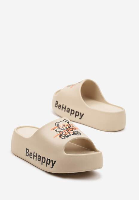Ciemnobeżowe Klapki na Platformie z Pianki z Nadrukiem Misia Nelorea