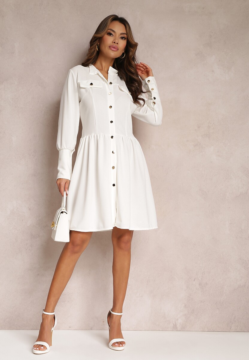 Biała Sukienka Mini z Kołnierzem i Ozdobnymi Klapami Zylana