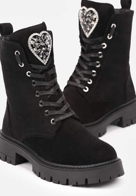 Czarne Botki Workery na Płaskiej Podeszwie ze Sznurowaniem i Ozdobą z Cyrkoniami Savilora