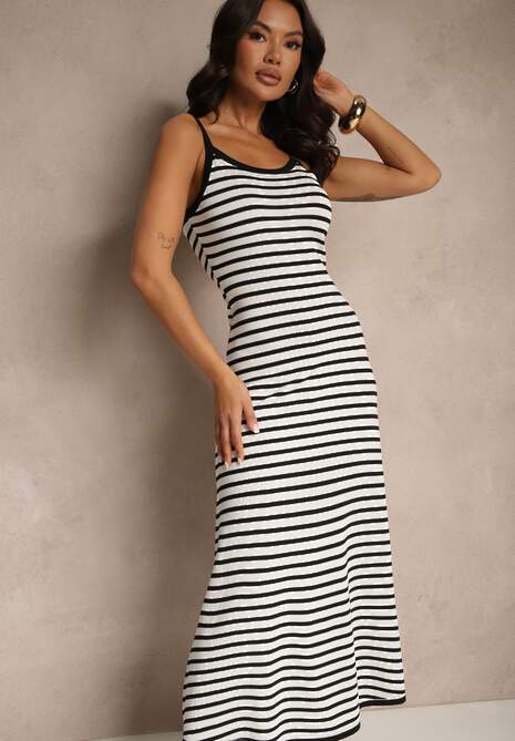 Biała Sukienka z Wiskozy na Ramiączkach Zdobiona Printem w Prążki Zalirana