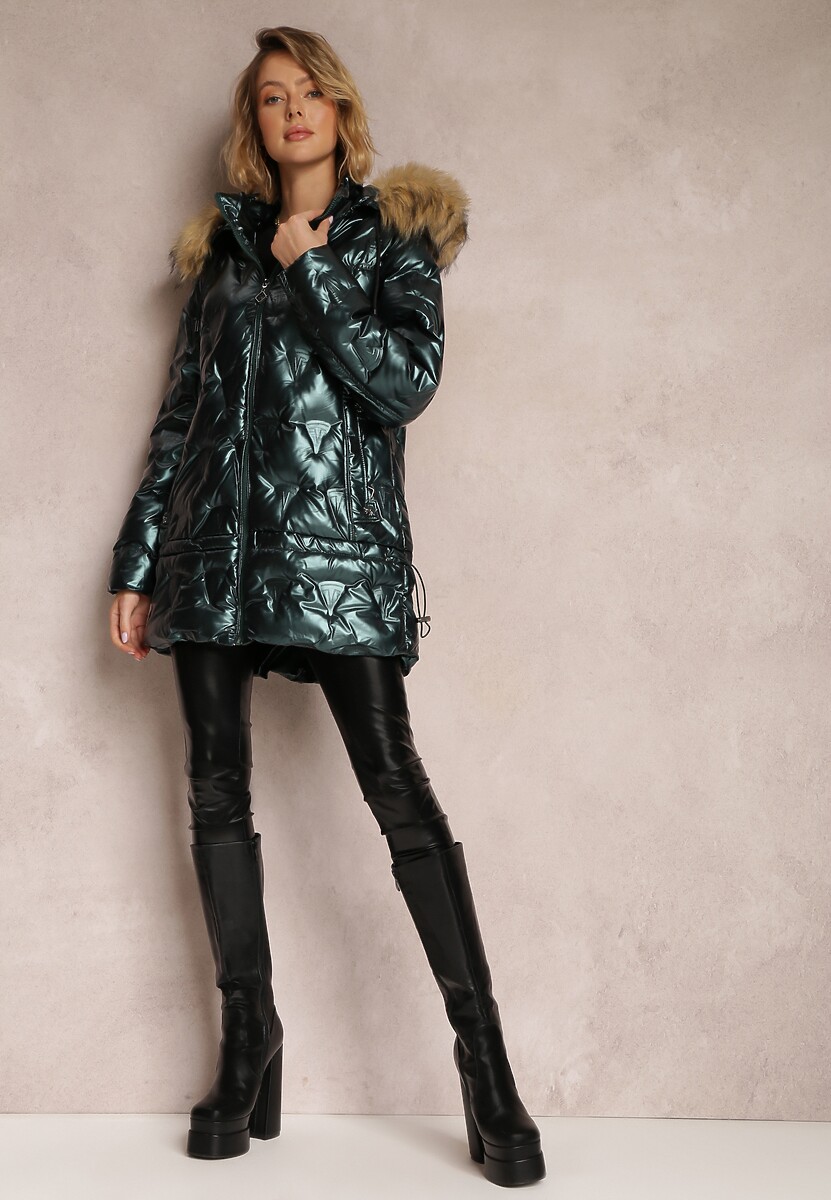 Ciemnozielona Kurtka Metaliczna z Futrzanym Kapturem Kajol