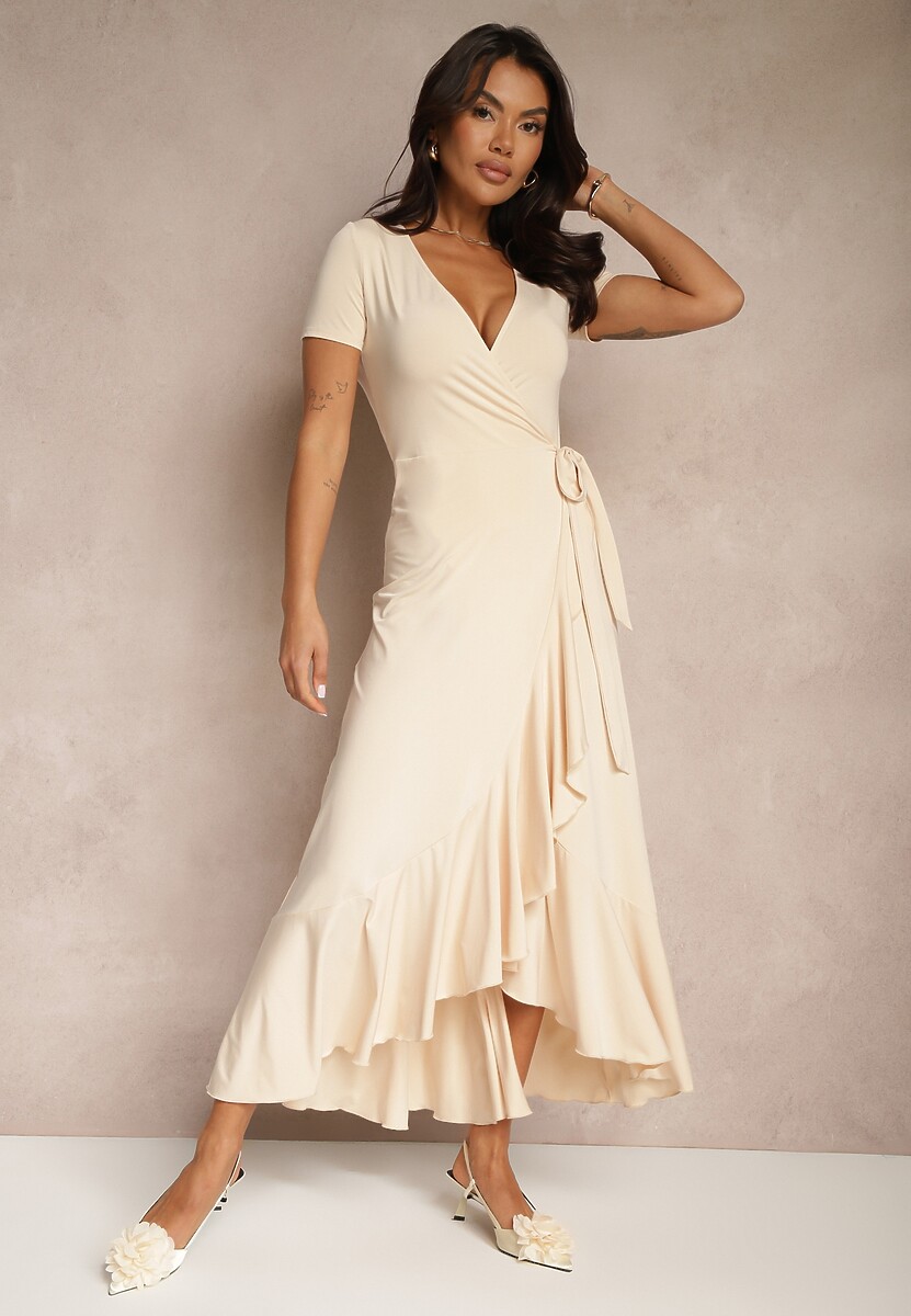 Czarna Sukienka o Kopertowym Fasonie z Falbankami Zleffia