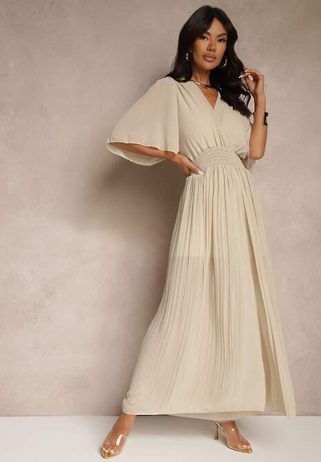 Beżowy Kombinezon z Kopertowym Dekoltem i Gumką w Pasie Zdobiony Plisami Amadle