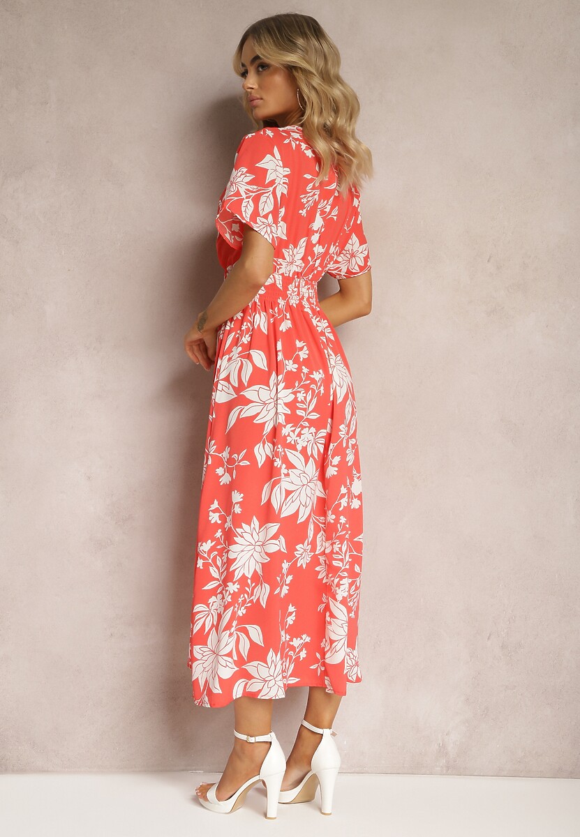 Pomarańczowo-Biała Rozkloszowana Sukienka Kopertowa z Kwiatowym Wzorem Mareal