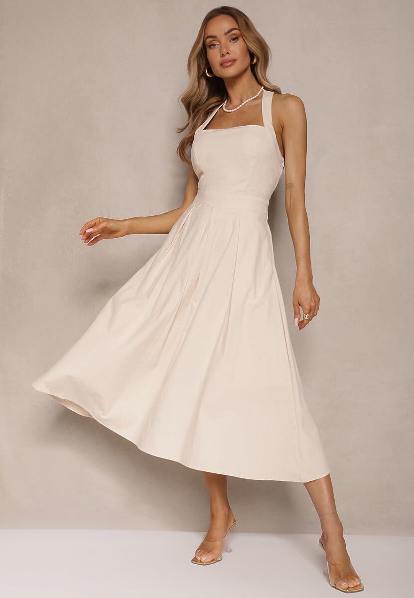 Beżowa Rozkloszowana Sukienka z Bawełną i Wiskozą na Szyję Kinulia