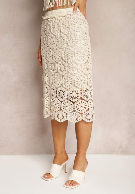 Beżowa Ażurowa Spódnica Ołówkowa z Gumką w Talii Iristi