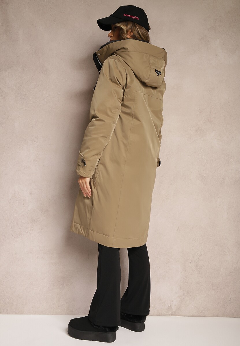 Ciemnobeżowa Kurtka Parka o Pudełkowym Kroju z Kapturem i Kieszeniami Kaionna