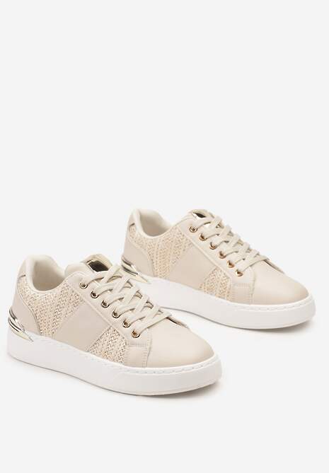 Beżowe Sznurowane Sneakersy z Ekoskóry z Plecionką i Metaliczną Wstawką Josephina