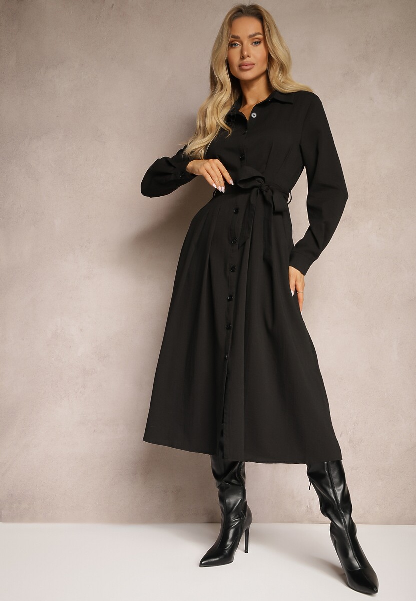 Czarna Koszulowa Sukienka Taliowana z Rozkloszowanym Dołem Nereira
