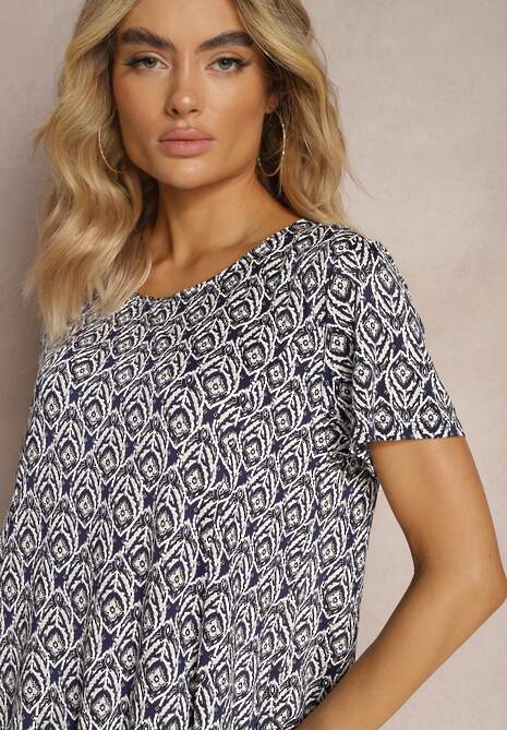 Granatowa Wiskozowa Sukienka o Rozkloszowanym Fasonie z Ornamentalnym Wzorem Jasminas