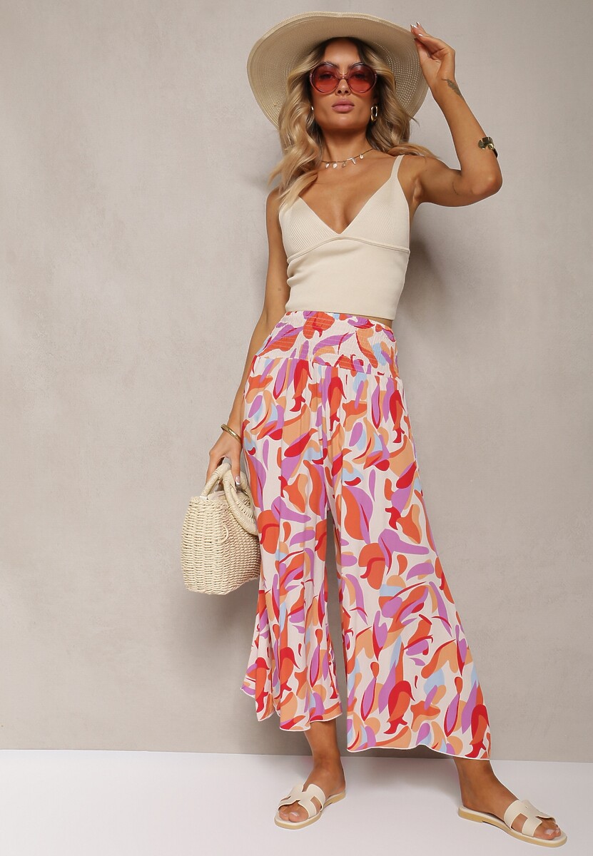 Beżowo-Różowe Spodnie Kuloty z Wiskozy High Waist z Gumką w Pasie Alaqinta