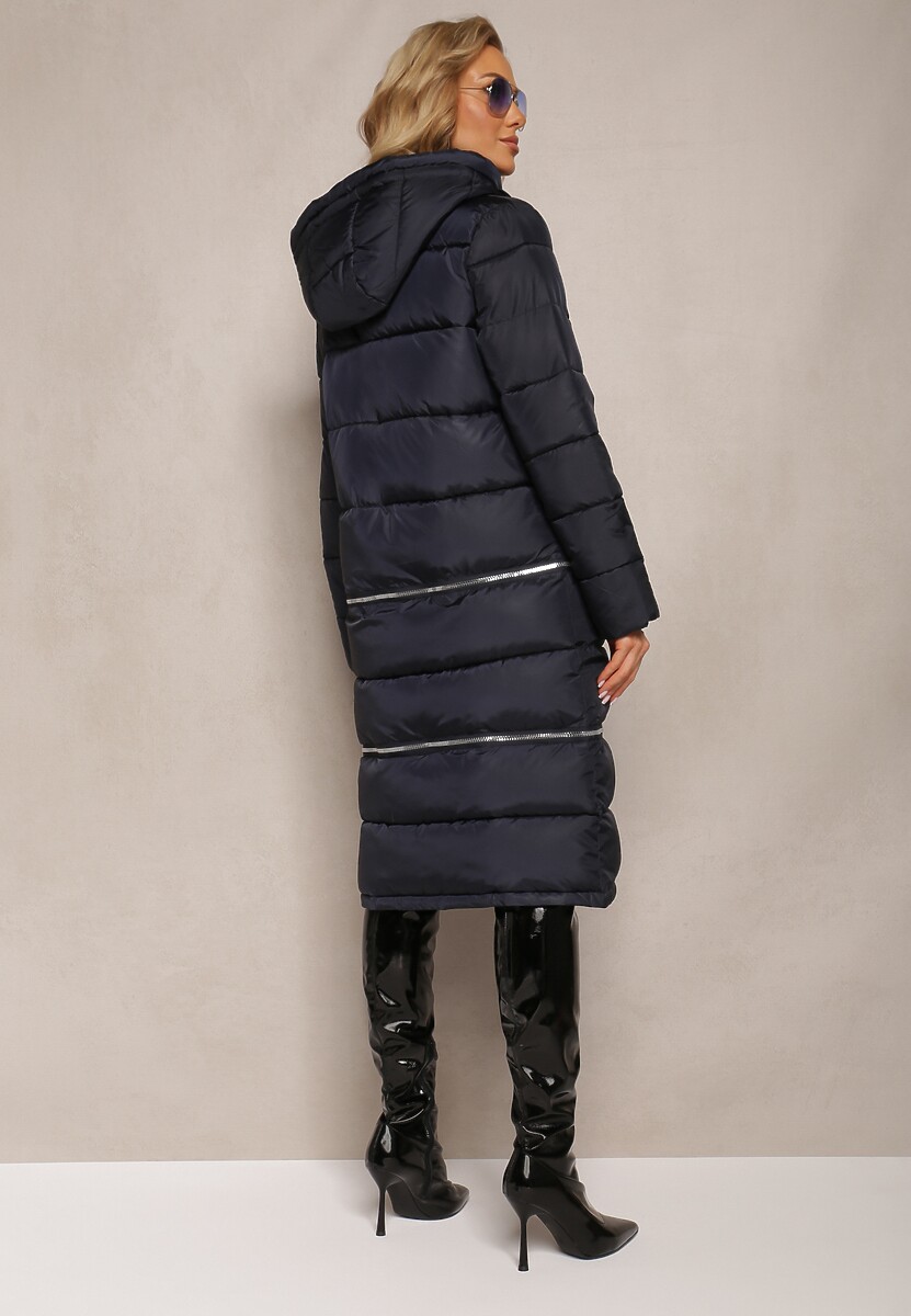 Granatowa Pikowana Kurtka Płaszcz z Kapturem i Regulowaną Długością Tirilele