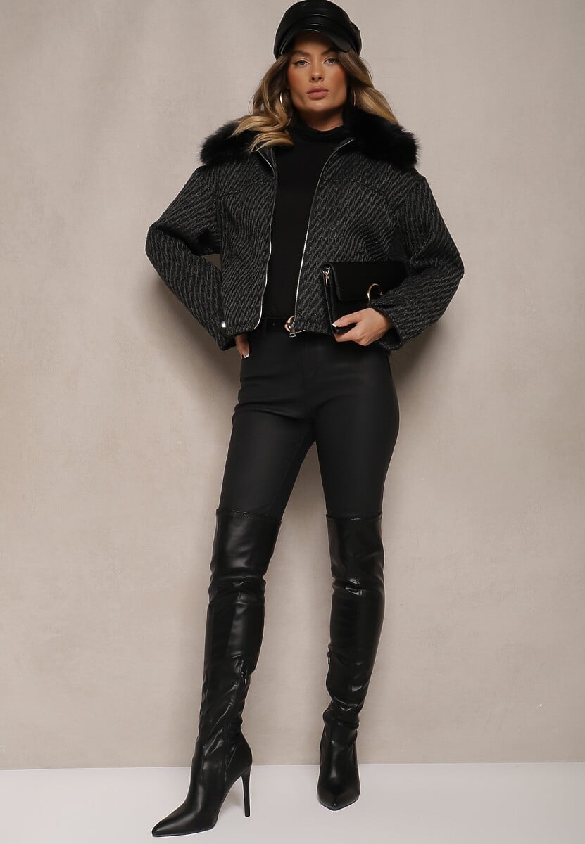 Czarna Elegancka Kurtka z Kołnierzem z Futerka i Błyszczącą Nicią Vertilora