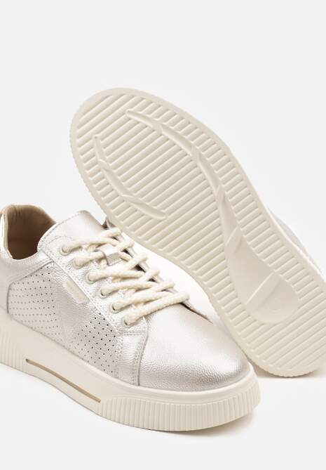 Złote Sneakersy Typu Tenisówki ze Skóry Naturalnej z Ozdobną Perforacją Vivallie