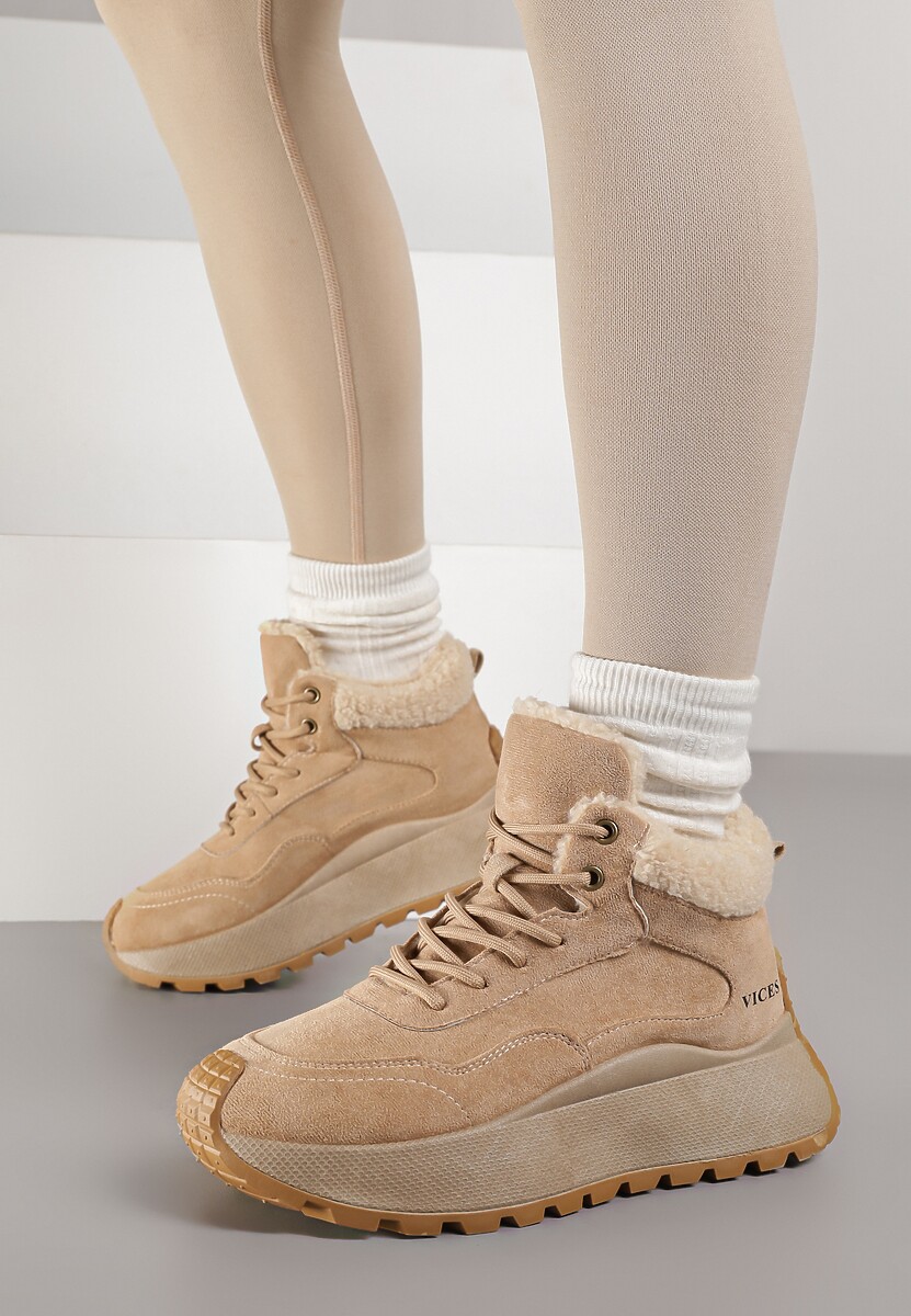 Jasnobrązowe Sneakersy Śniegowce  Vices na Platformie Ozdobione Napisem i Futerkiem Lanite