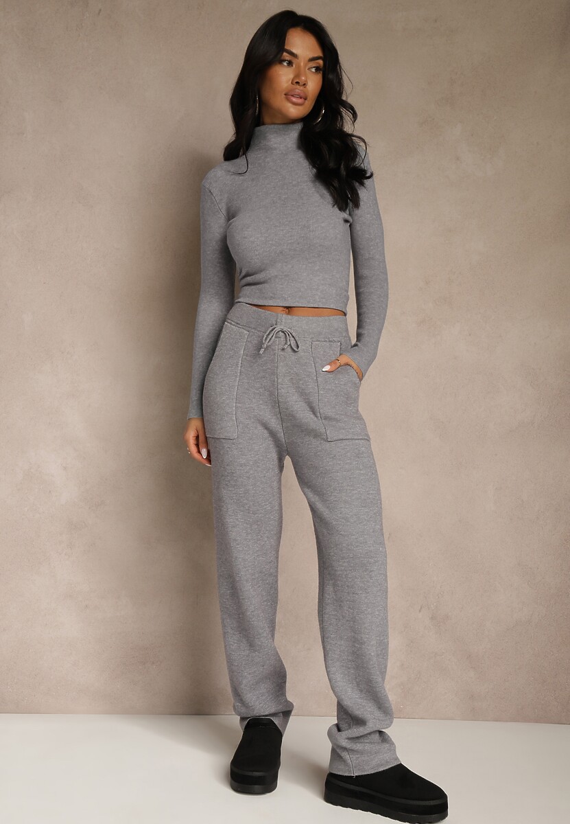 Czarne Spodnie z Wełną ze Sznurkiem i Ozdobnymi Kieszeniami Moneressa