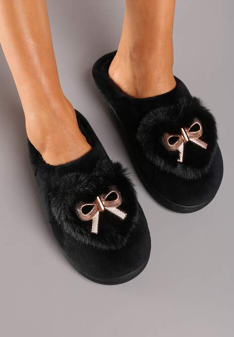Czarne Kapcie na Płaskiej Podeszwie z Kokardą Lerilina